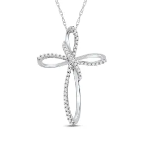 Jewelili 10K White Gold With 1/5 CTTW Natural White Diamonds Cross Pendant Necklace