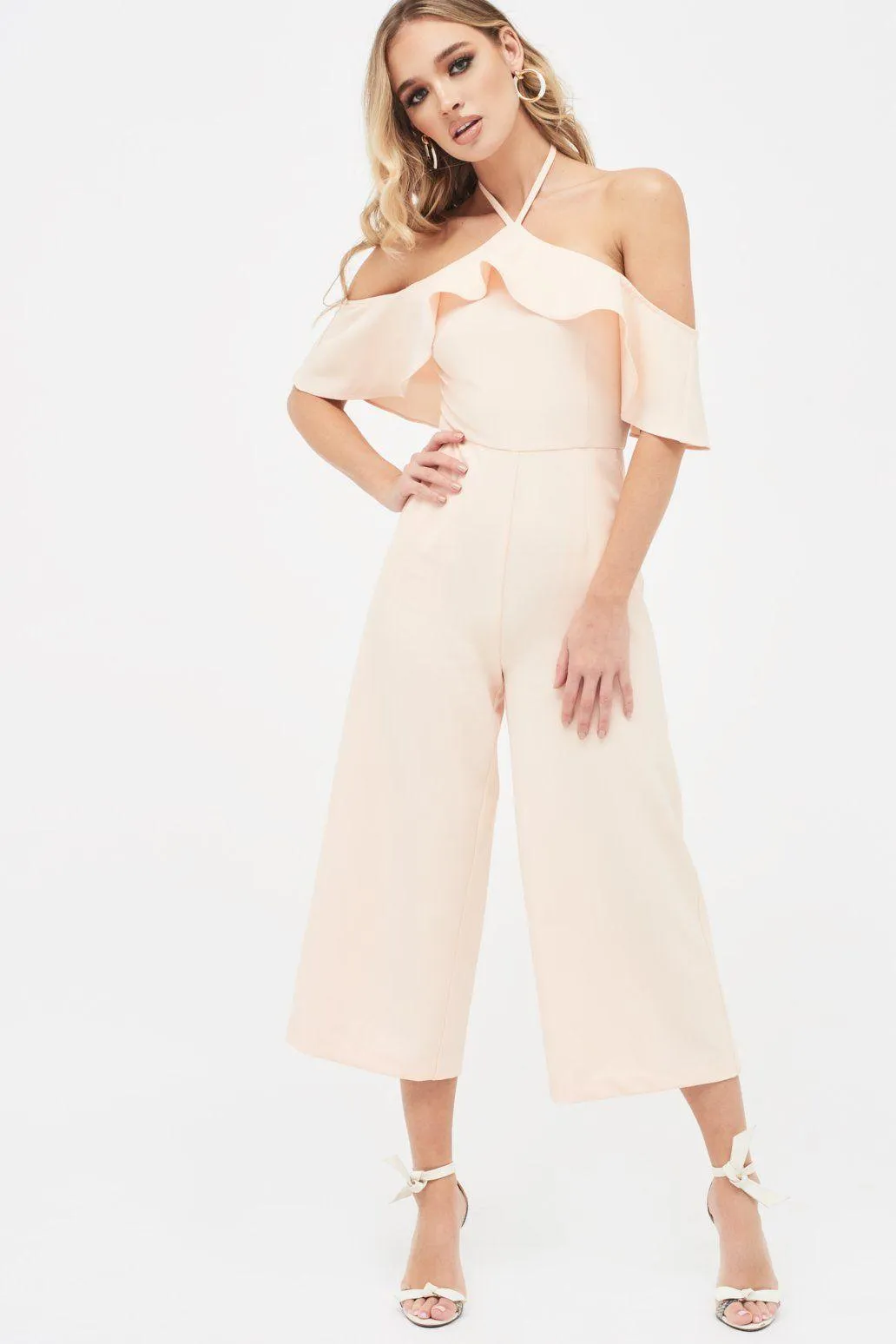 KENNEDY Bardot Frill Halterneck Culotte Leg Jumpsuit in Nude