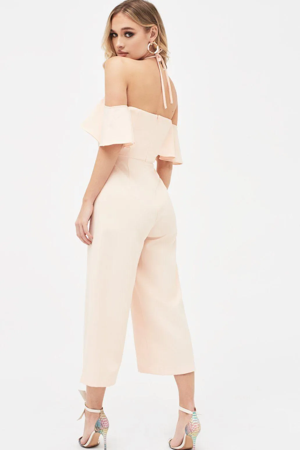 KENNEDY Bardot Frill Halterneck Culotte Leg Jumpsuit in Nude