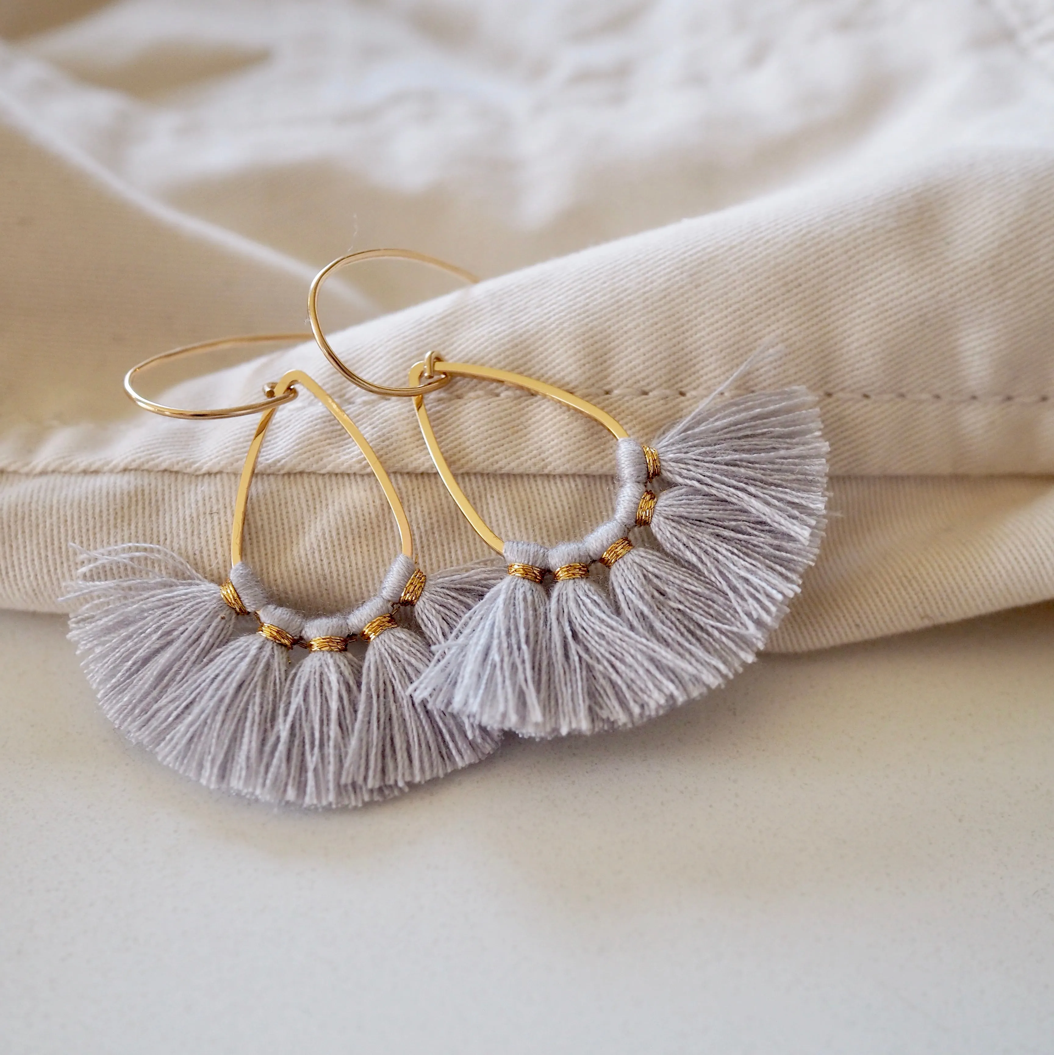 Light Grey Tassel Teardrop Earrings