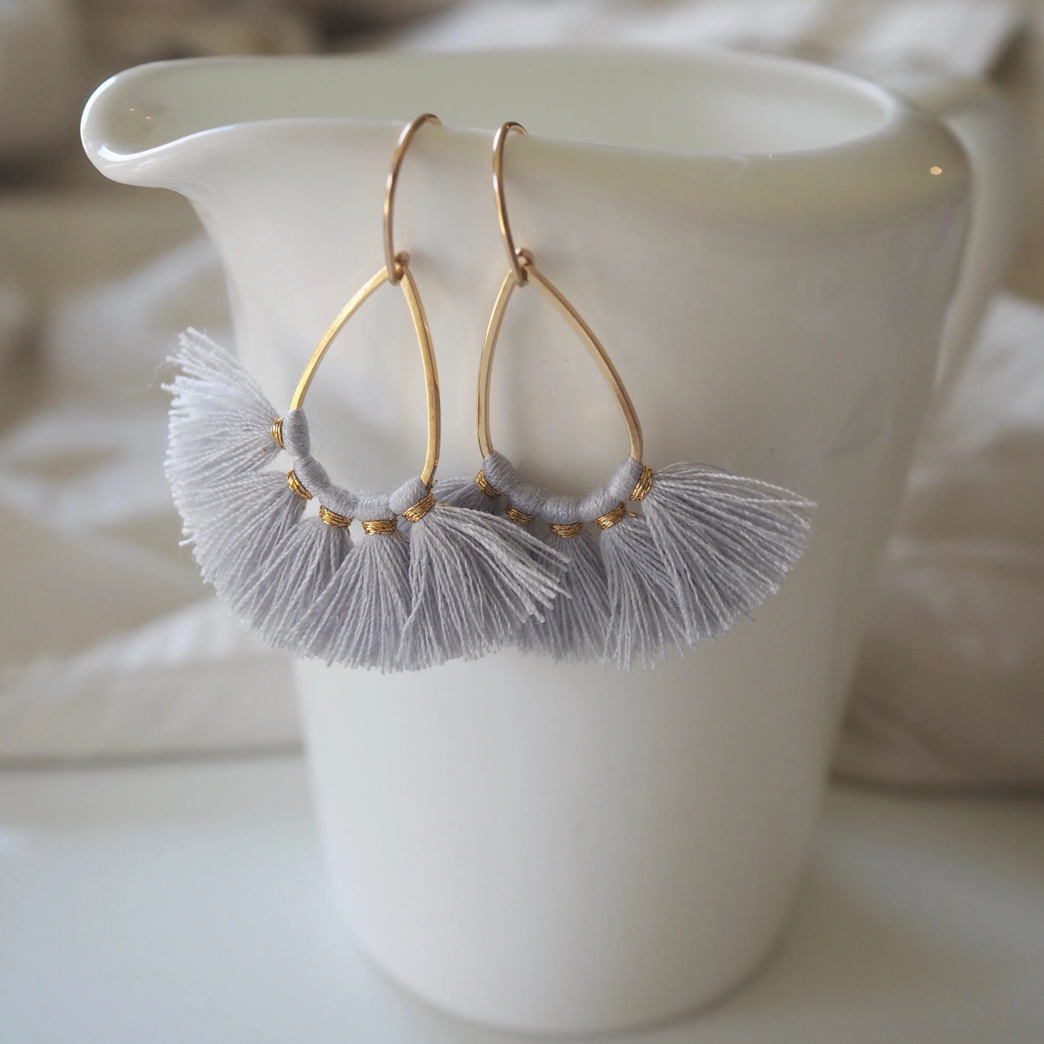 Light Grey Tassel Teardrop Earrings