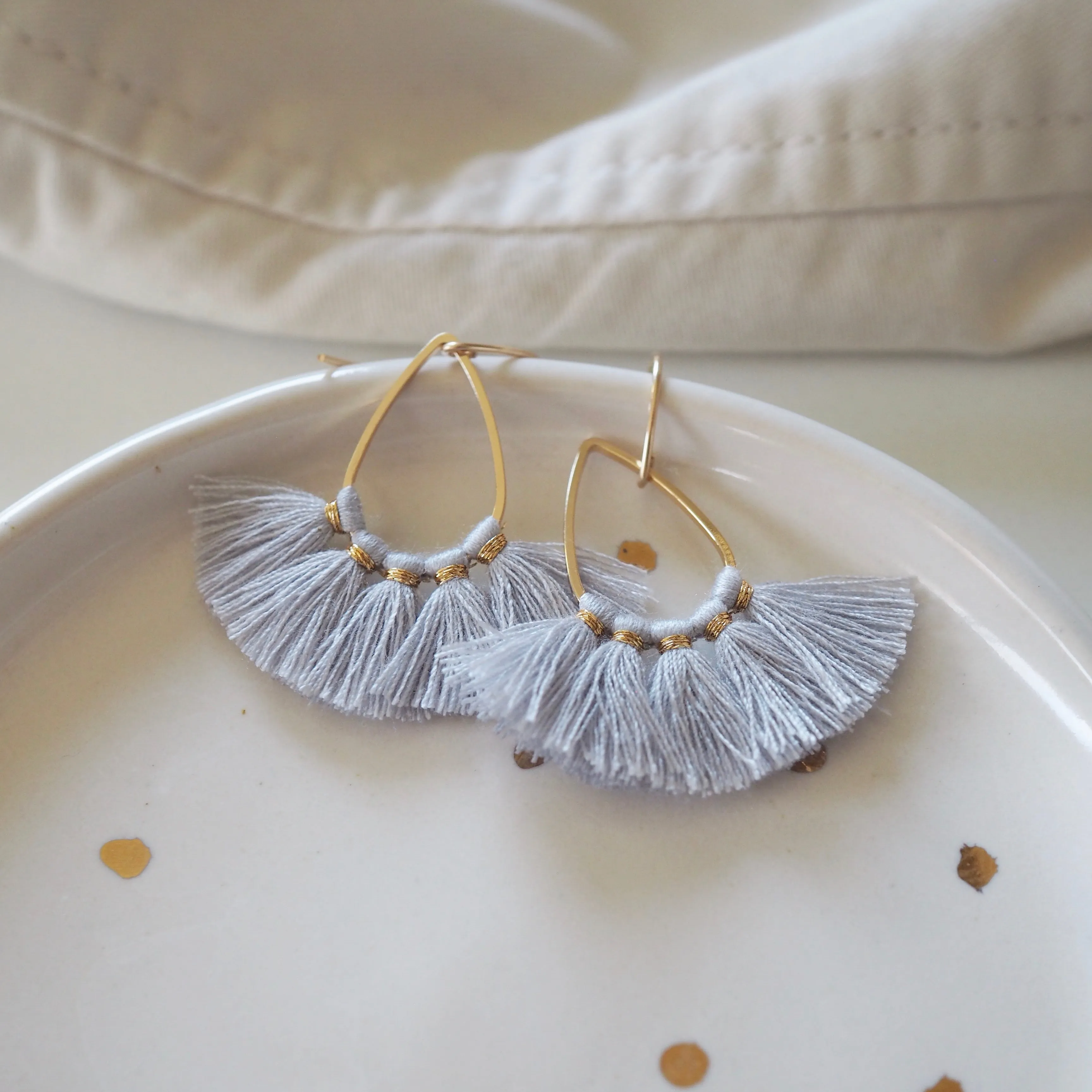 Light Grey Tassel Teardrop Earrings