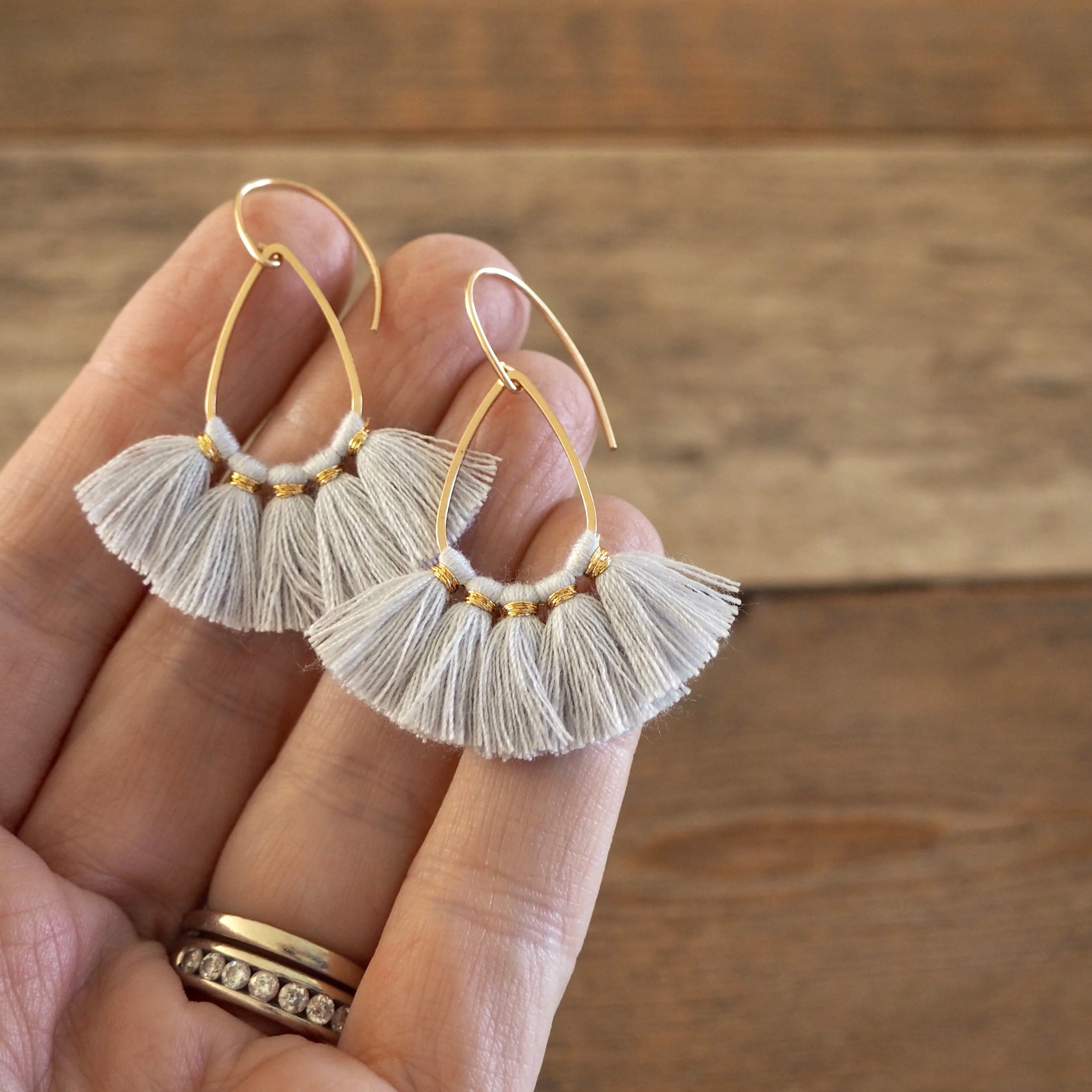 Light Grey Tassel Teardrop Earrings