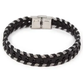 Men's Stainless Steel Braided Leather in Cable Bracelet Black