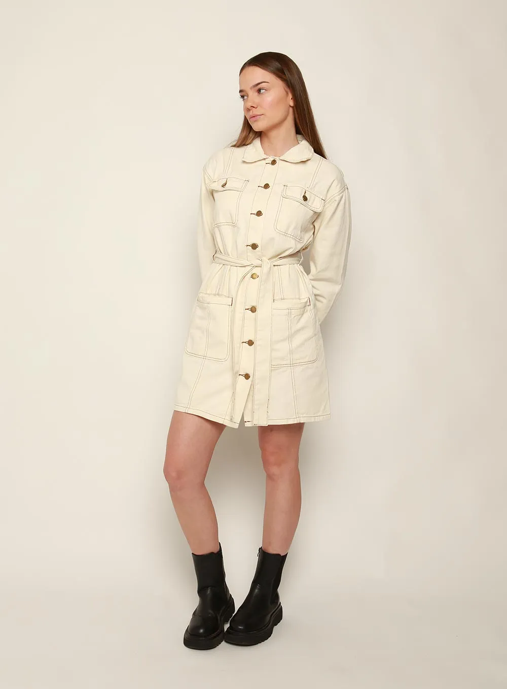 Mindy Long Sleeve Denim Dress-White