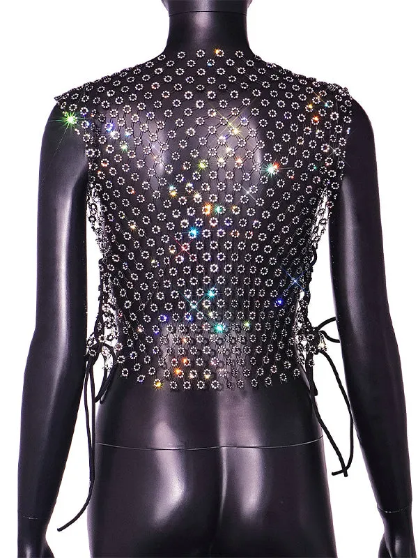 Momnfancy Black Diamond Mesh Fishnet Sheer Drawstring Chic Club Photoshoot Baby Shower Crop Top