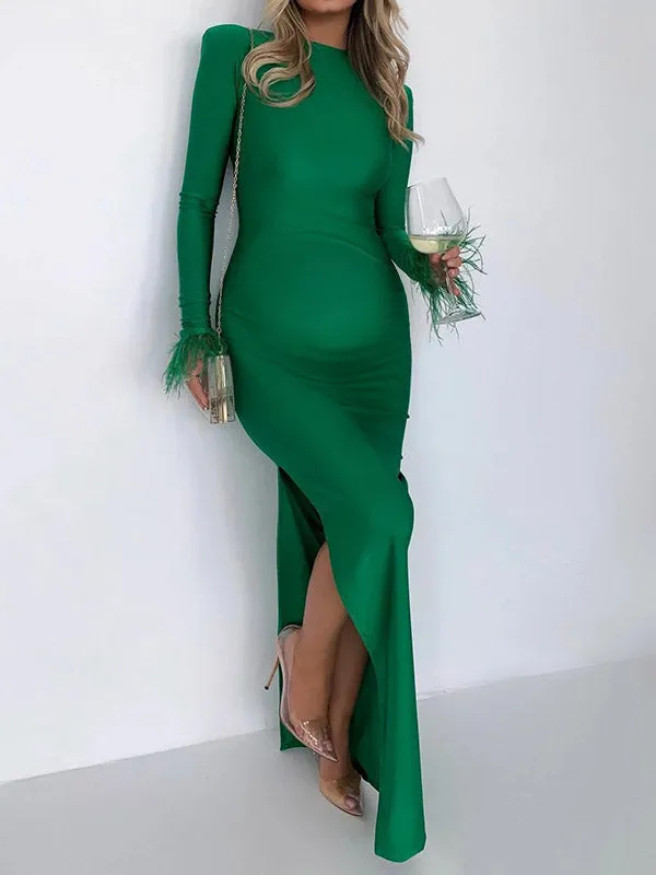 Momnfancy Elegant Feather Fluffy Side Slit Bodycon Evening Cocktail Maternity Maxi Dress