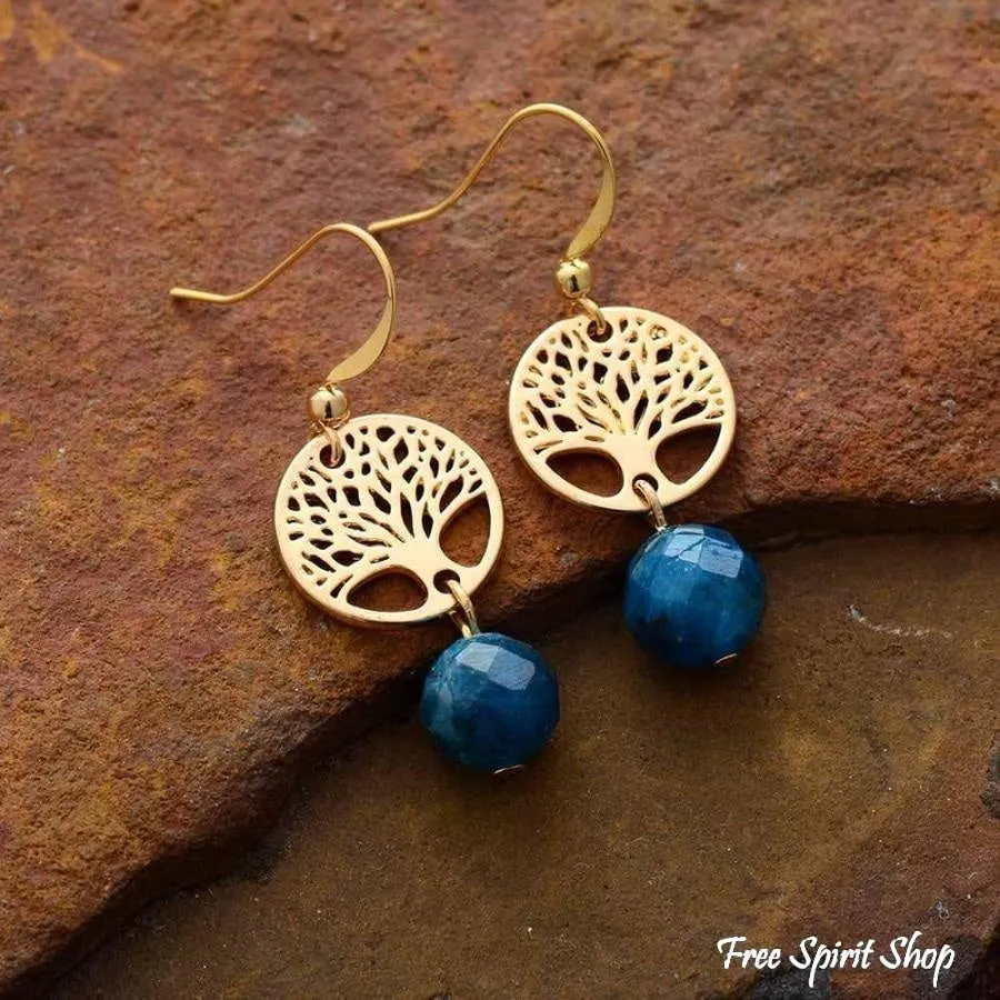 Natural Blue Apatite & Tree Of Life Earrings