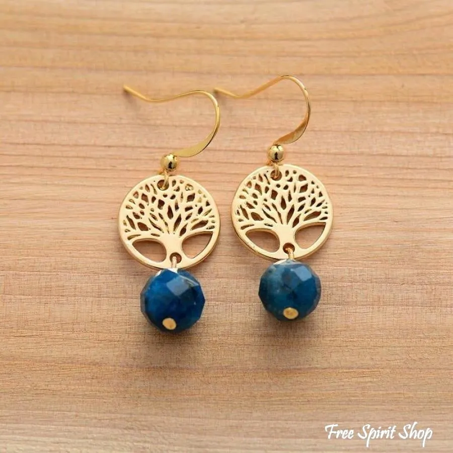 Natural Blue Apatite & Tree Of Life Earrings