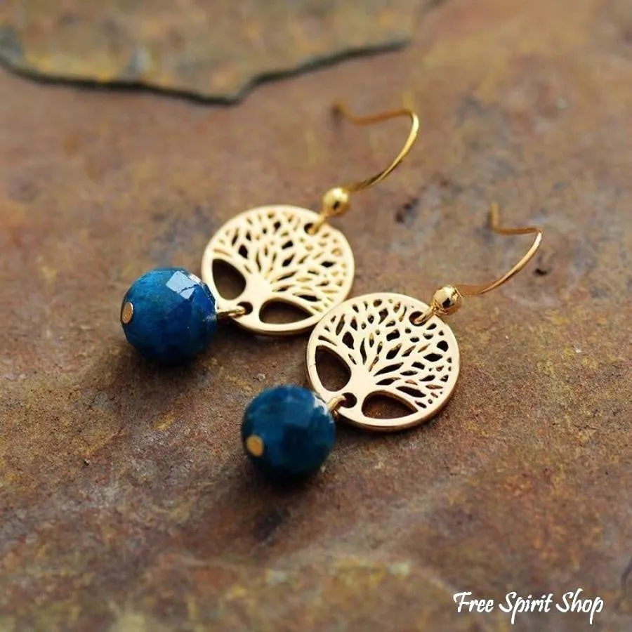 Natural Blue Apatite & Tree Of Life Earrings