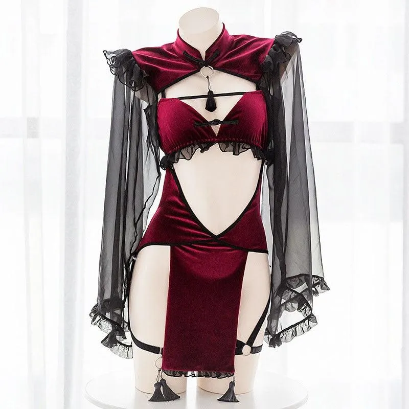 OJBK Gothic Black and Red Lace Lingerie, Perfect for Cosplay