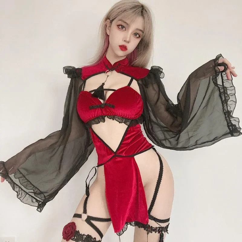 OJBK Gothic Black and Red Lace Lingerie, Perfect for Cosplay