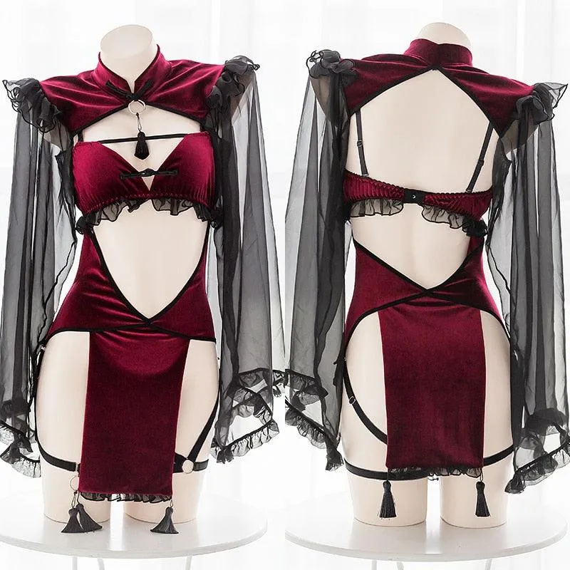 OJBK Gothic Black and Red Lace Lingerie, Perfect for Cosplay