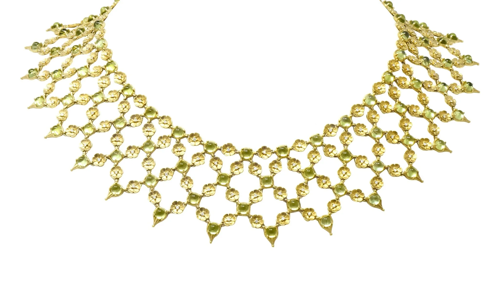 Paul Morelli 30.52 CTW Peridot Diamond 18 Karat Green Gold Floral Lace Fringe Necklace