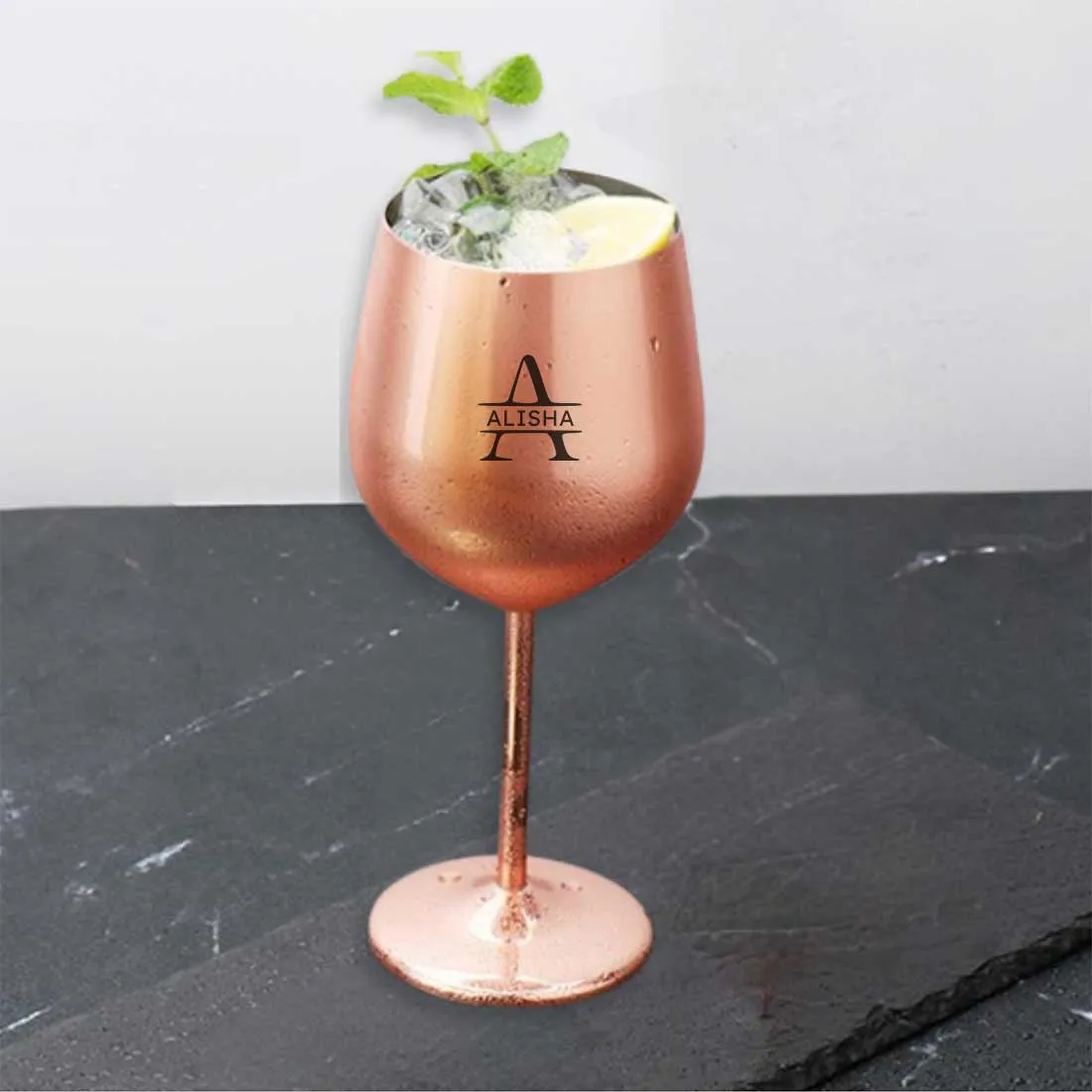 Personalised Wine Glasses Non Breakable Steel Wine Glasses Copper Finish Goblets - Name Monogram