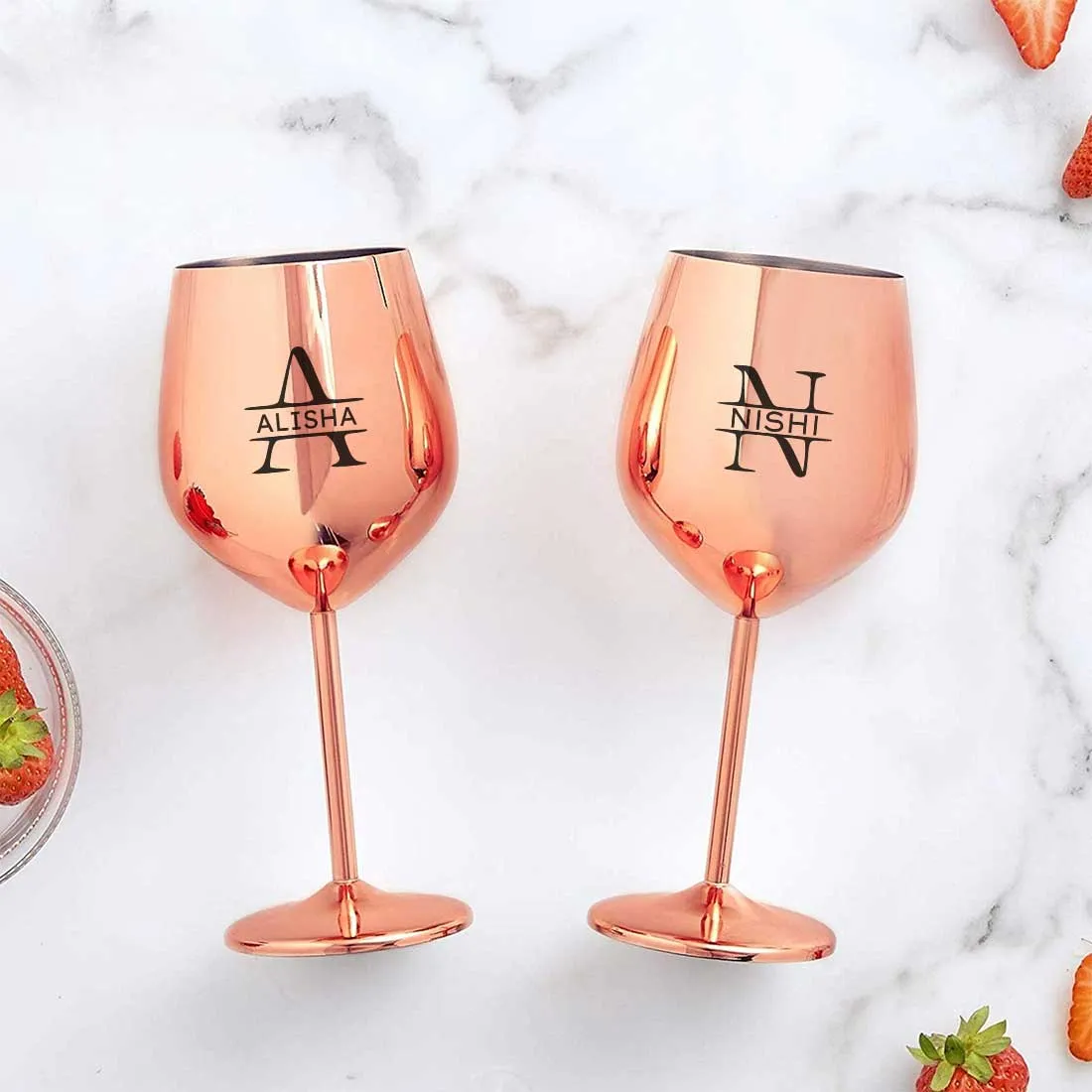 Personalised Wine Glasses Non Breakable Steel Wine Glasses Copper Finish Goblets - Name Monogram