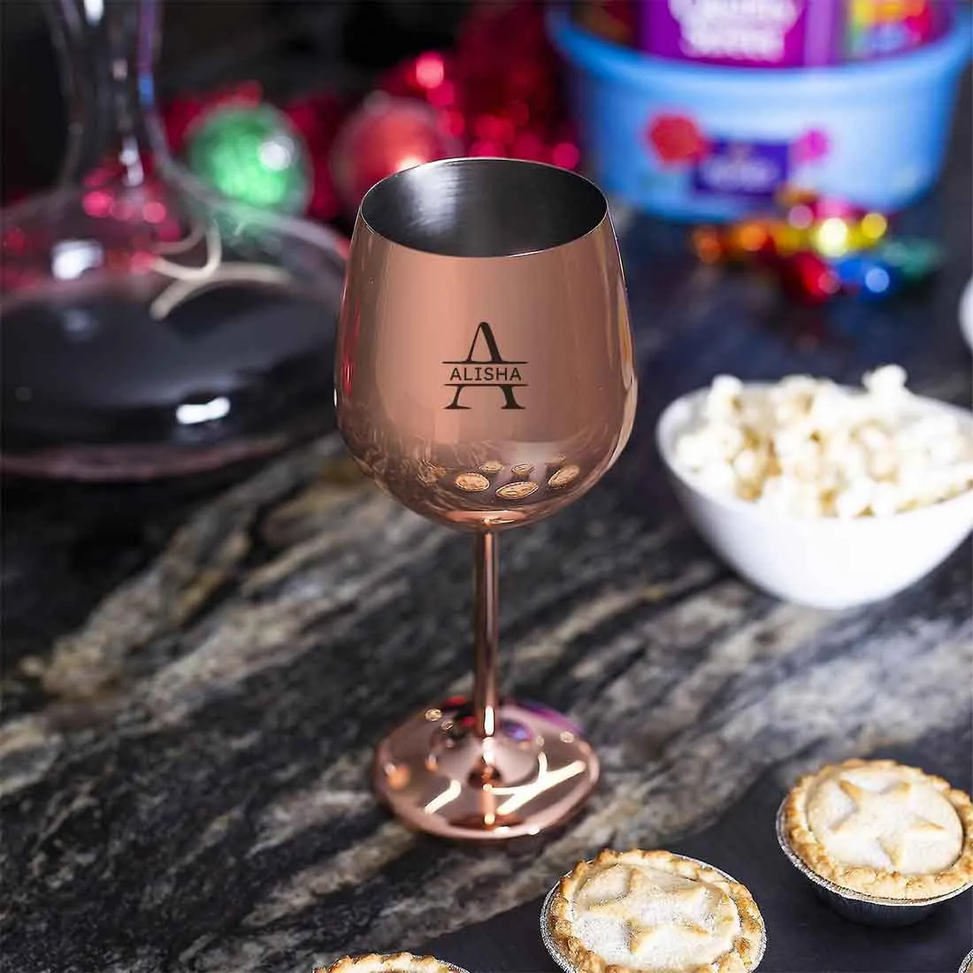 Personalised Wine Glasses Non Breakable Steel Wine Glasses Copper Finish Goblets - Name Monogram