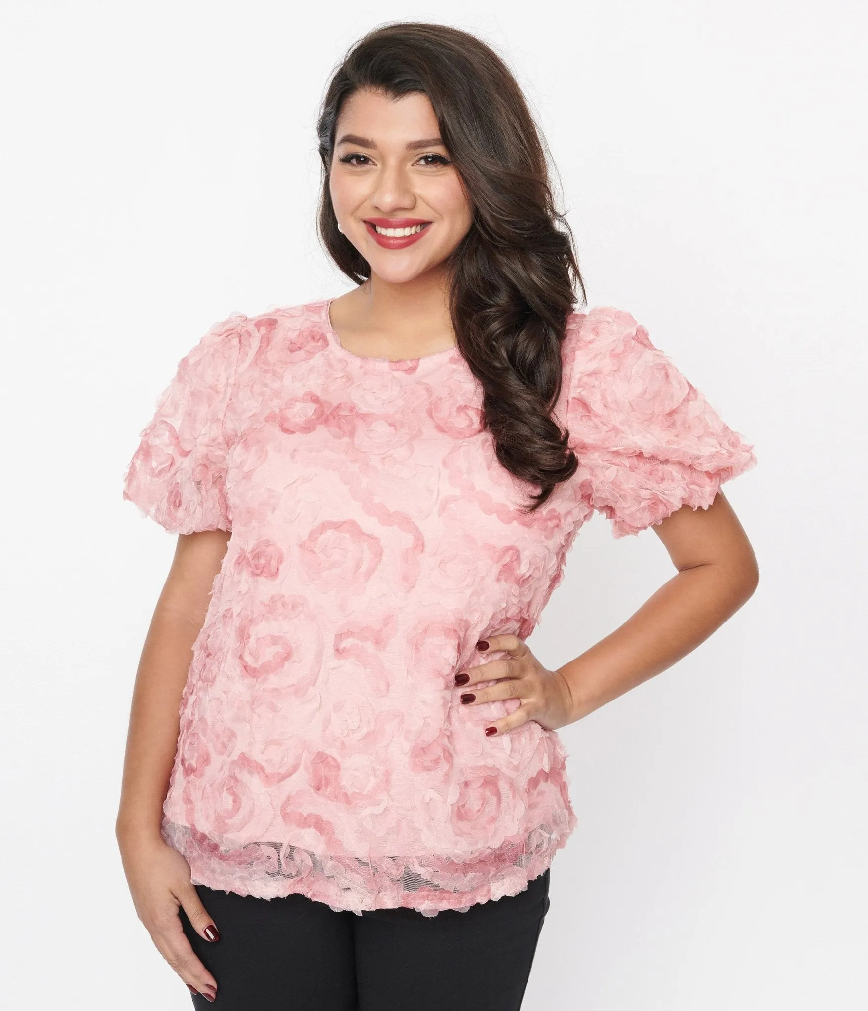 Pink Textured Floral Puff Sleeve Blouse