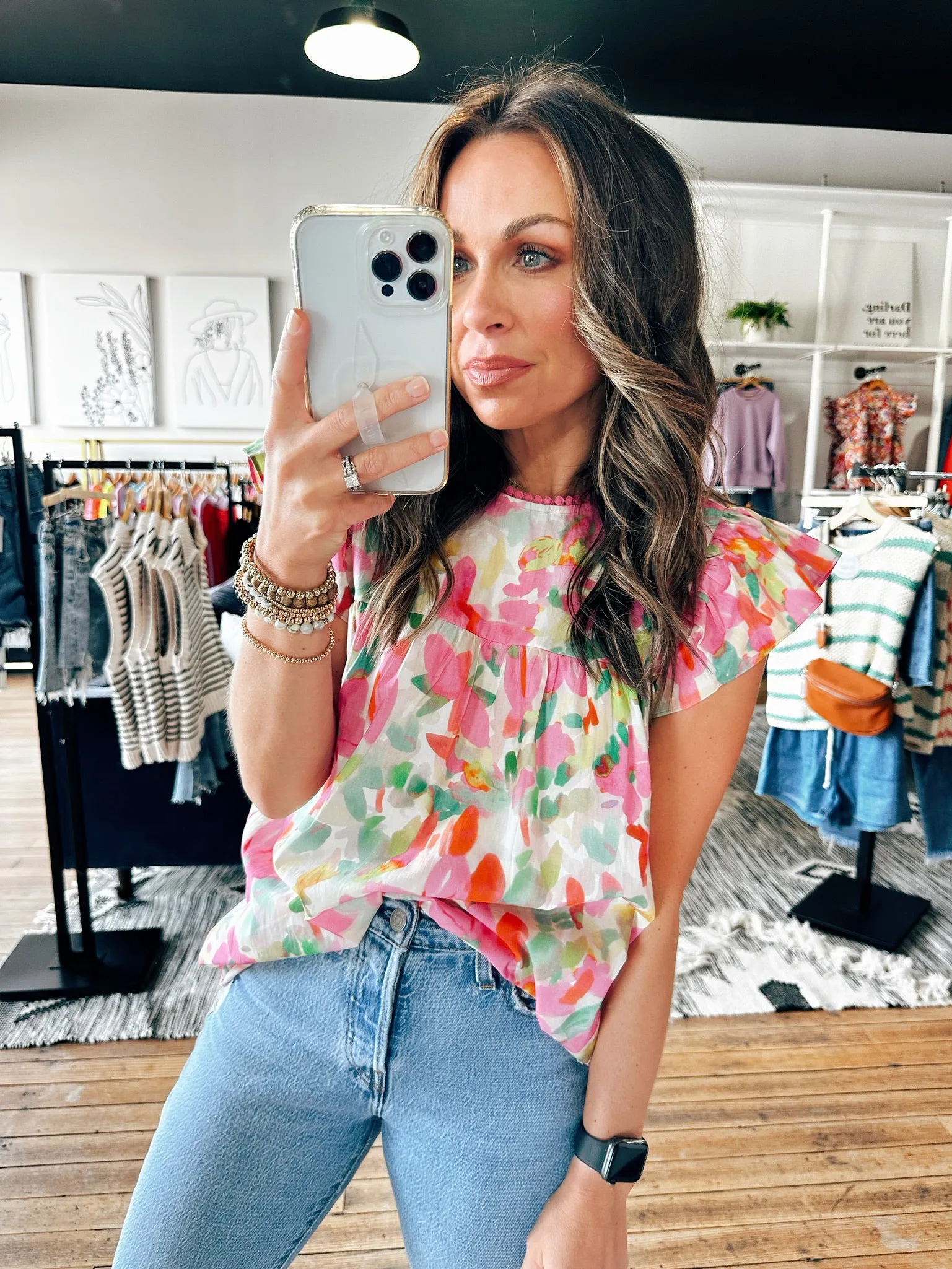 Pink/Green Floral Top