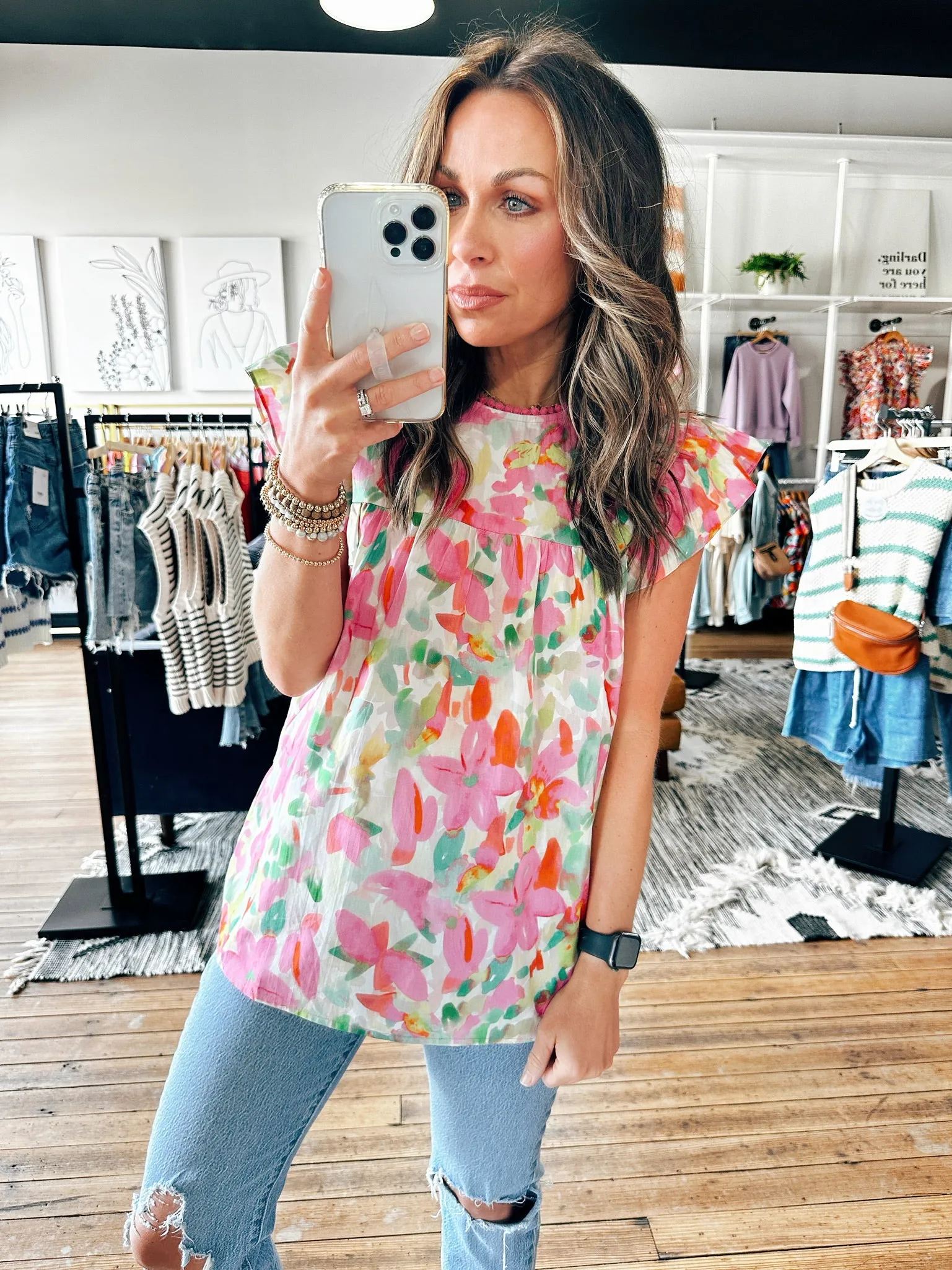 Pink/Green Floral Top