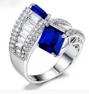 Princess Cut 4.9CT Blue Sapphire CZ Crossover Cocktail Ring