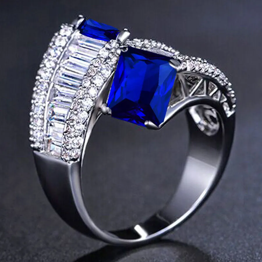 Princess Cut 4.9CT Blue Sapphire CZ Crossover Cocktail Ring