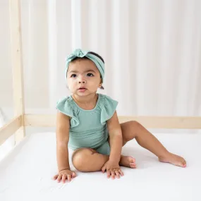 Ribbed Sleeveless Ruffle Leotard in Wasabi