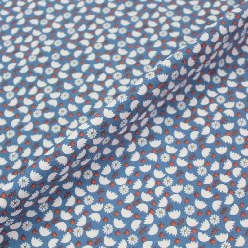 Sky Blue Brushed Cotton - Floral - Orange Dash