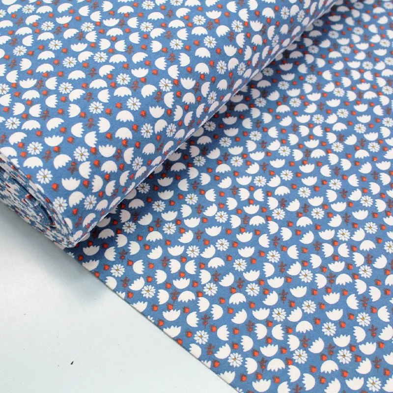 Sky Blue Brushed Cotton - Floral - Orange Dash