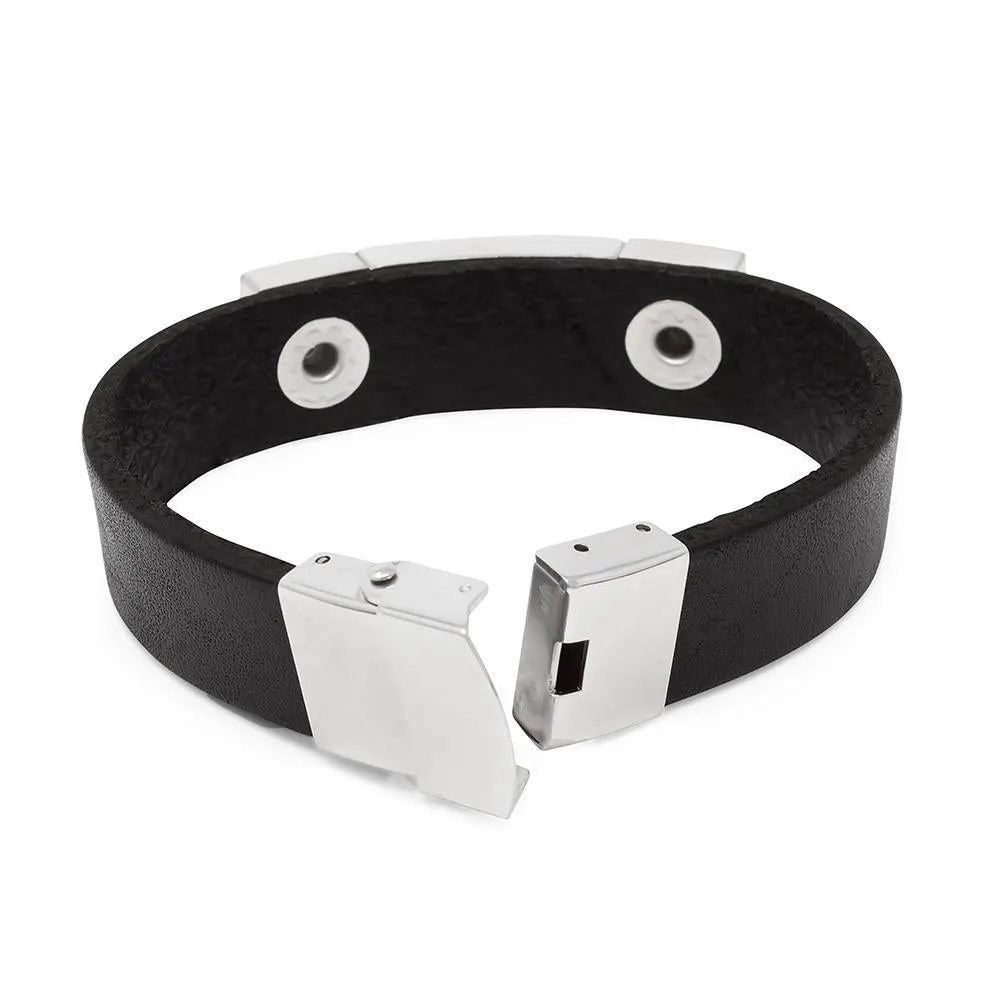 Stainless Steel Black Leather Fliplock Bracelet