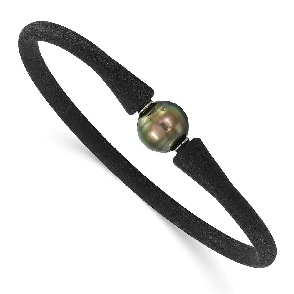 Stainless Steel, Black Silicone, 10-11mm Black Tahitian Pearl Bracelet