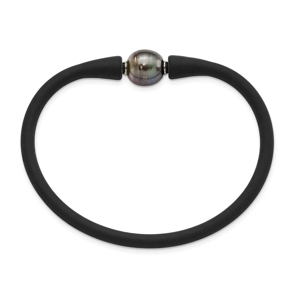 Stainless Steel, Black Silicone, 10-11mm Black Tahitian Pearl Bracelet