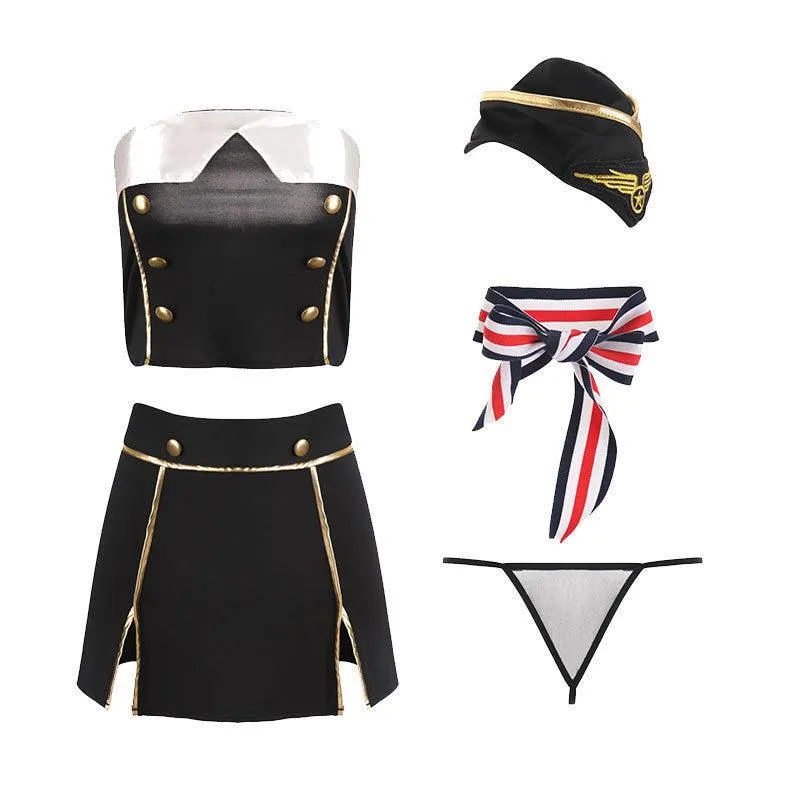 Stewardess Cosplay Costumes Flight Attendant Slim Split Skirt with Hat Bow-Tie