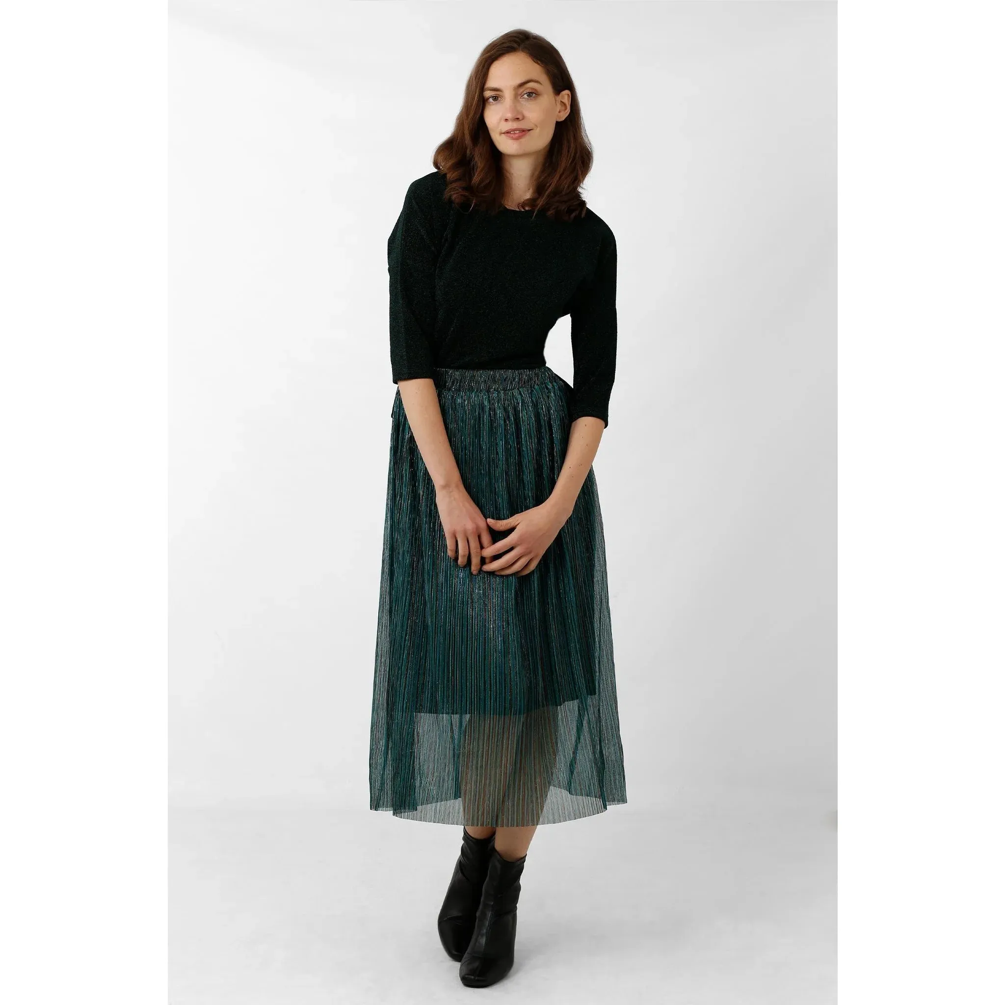 Stripe Green Metallic Pleated Skirt