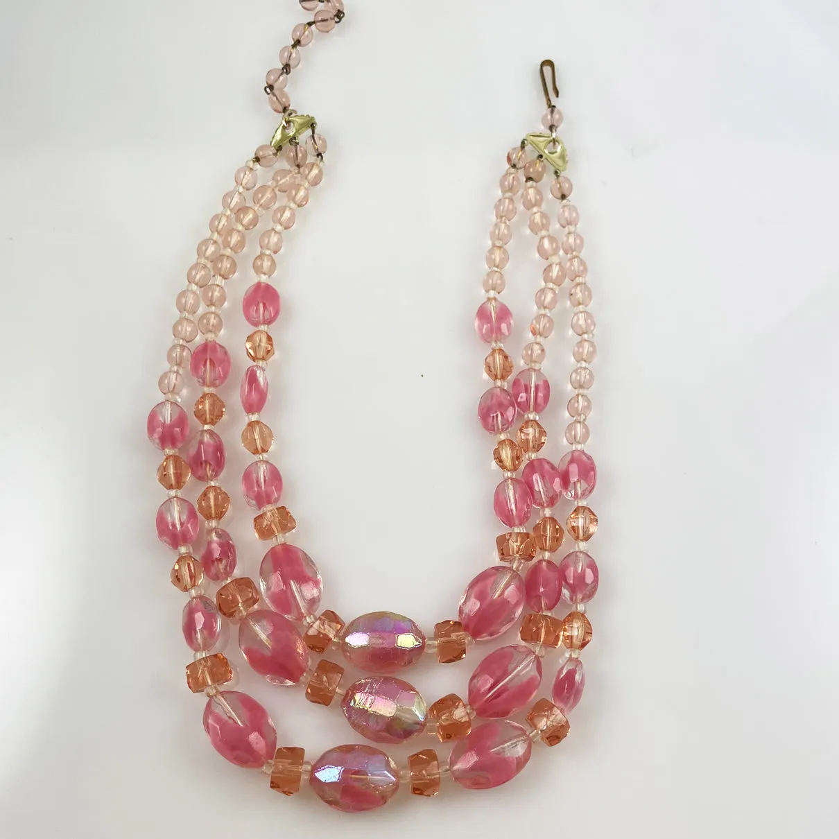 Triple Strand Pink Givre Beaded Necklace Vintage W. German