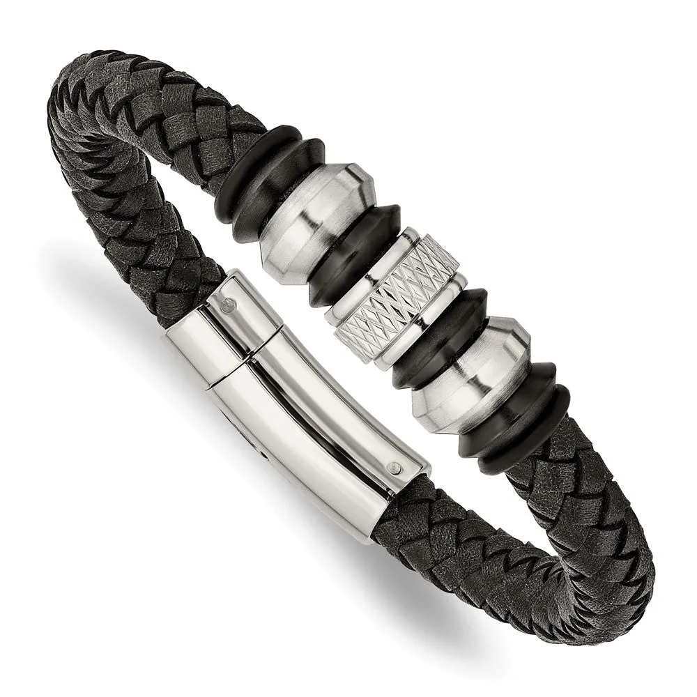 Two Tone Stainless Steel & Black Leather Beaded Bracelet, 8.5 Inch