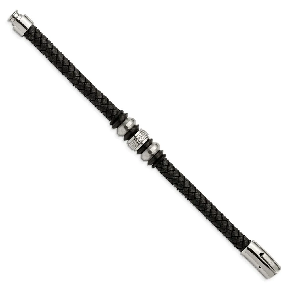 Two Tone Stainless Steel & Black Leather Beaded Bracelet, 8.5 Inch