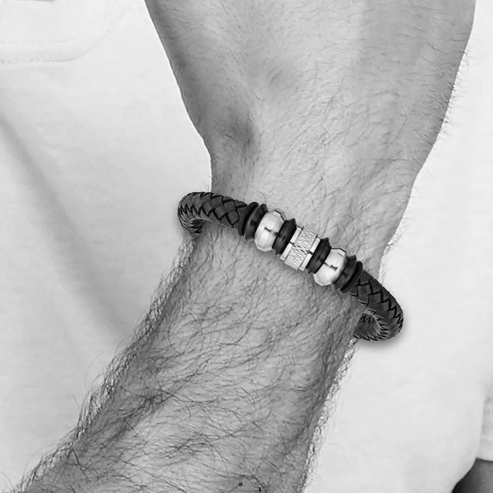 Two Tone Stainless Steel & Black Leather Beaded Bracelet, 8.5 Inch