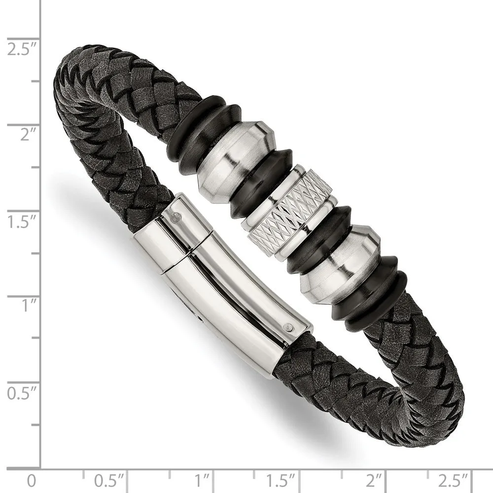 Two Tone Stainless Steel & Black Leather Beaded Bracelet, 8.5 Inch