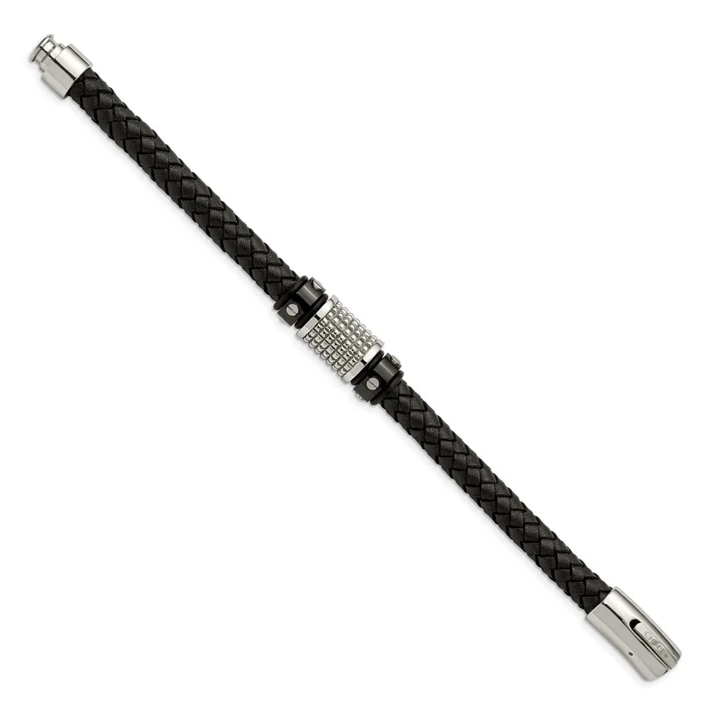 Two Tone Stainless Steel Black Leather Textured Bead Bracelet, 8.5 In