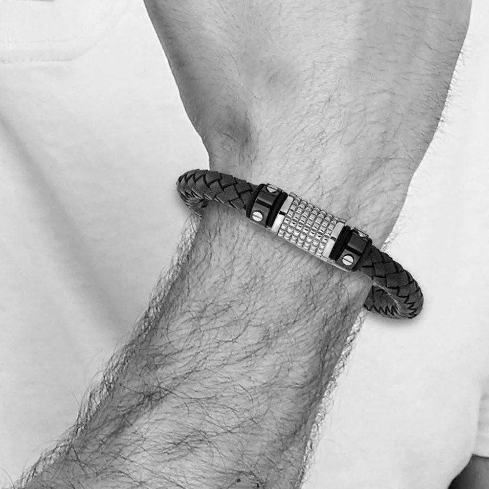 Two Tone Stainless Steel Black Leather Textured Bead Bracelet, 8.5 In