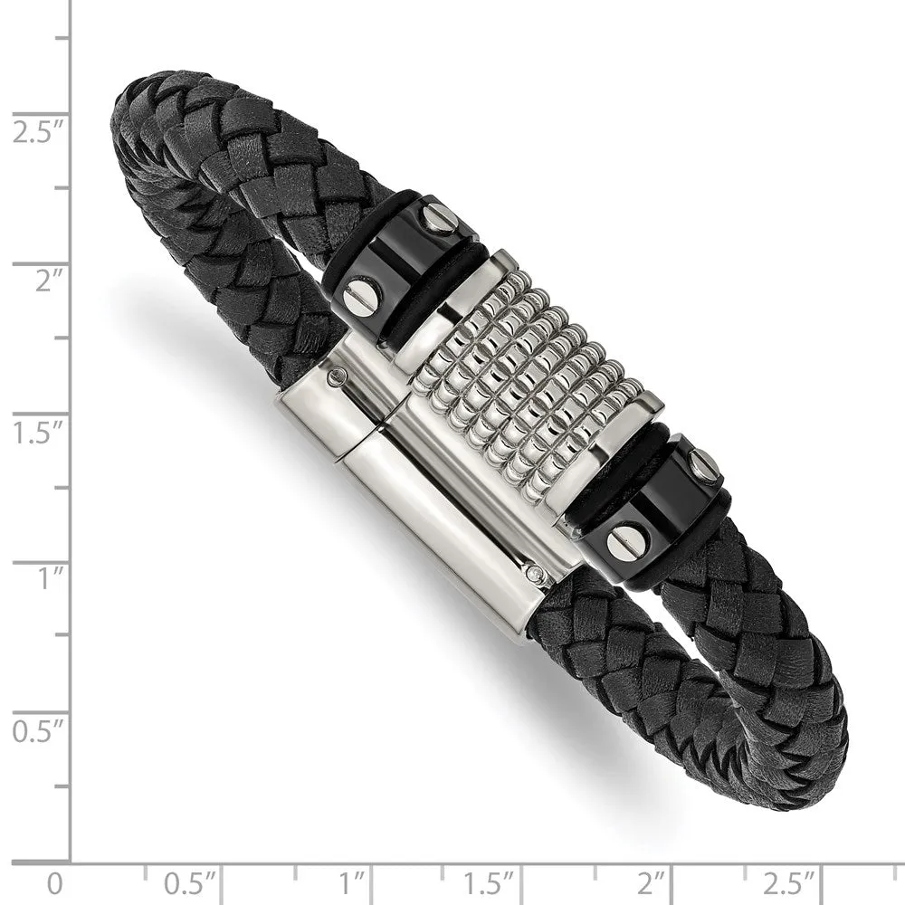 Two Tone Stainless Steel Black Leather Textured Bead Bracelet, 8.5 In