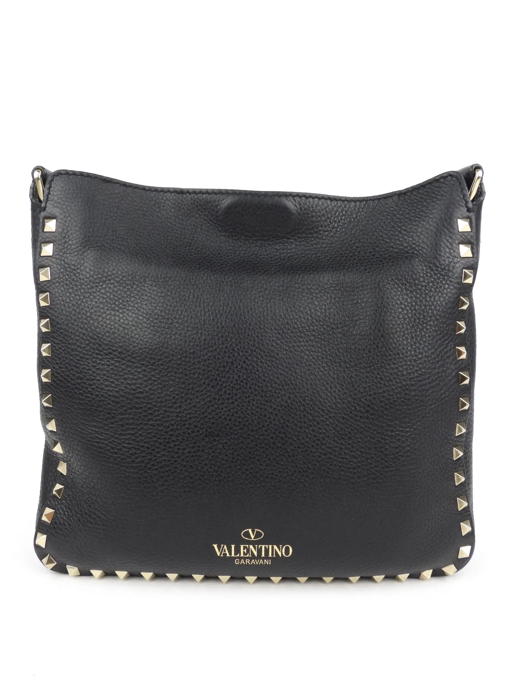 Valentino Garavani Black Grained Leather Rockstud Flip Lock Crossbody Messenger Bag