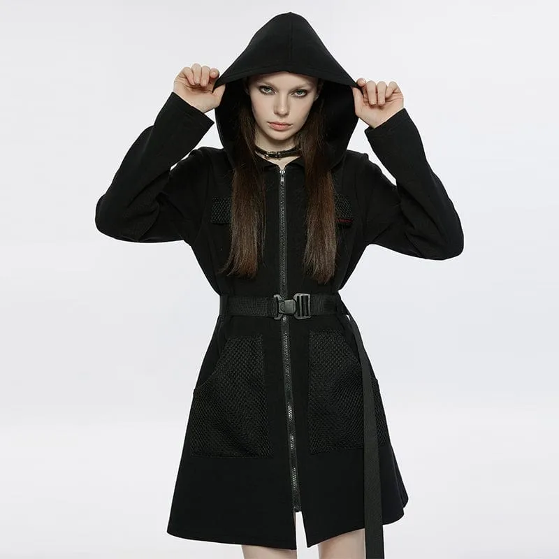 Women's Punk Mesh Splice Dress with Hood and Belt