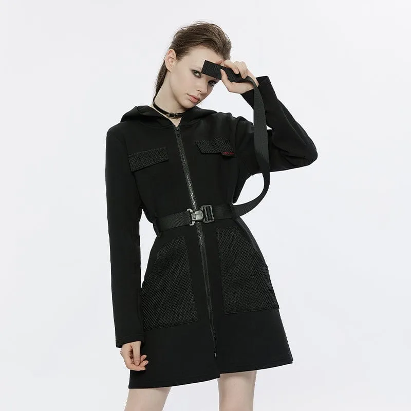 Women's Punk Mesh Splice Dress with Hood and Belt