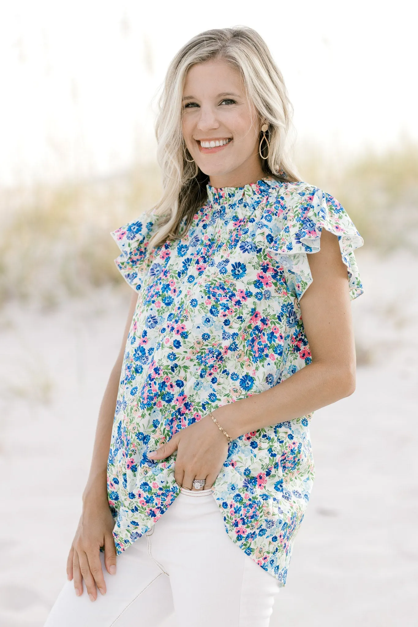 X Blue White Floral Top